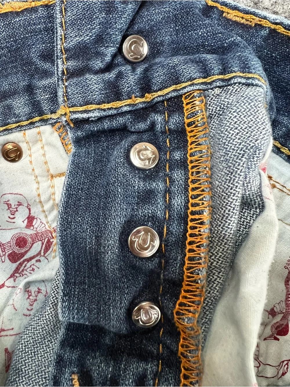 True Religion Dark Blue Denim Jeans with Yellow Contrast Stitching